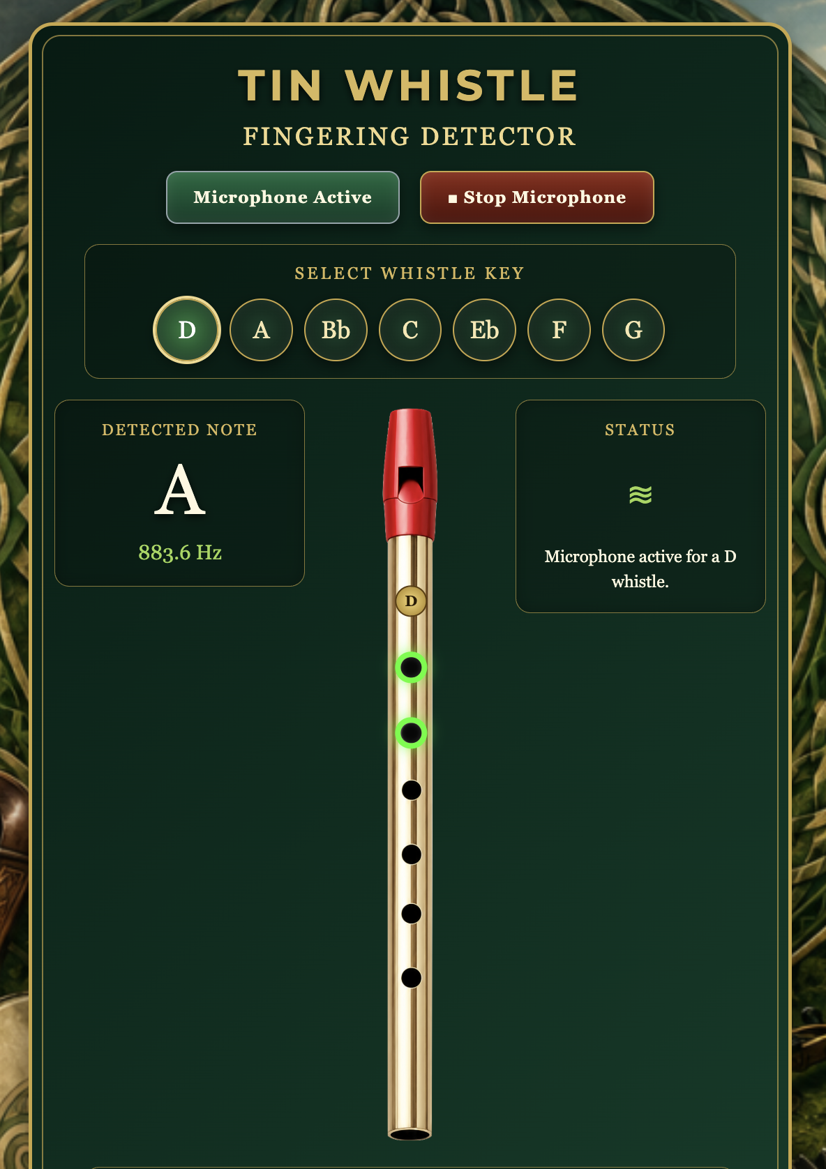 Screenshot of the Tin Whistle Note Detector & ABC Player App showing real-time note detection, fingering display, selectable whistle keys, ABC tune player, adjustable tempo and interactive practice tools for learning Irish tin whistle.