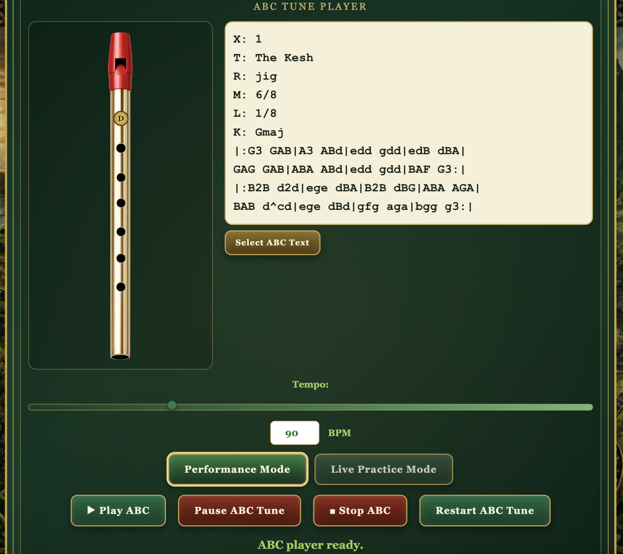 Irish Tin Whistle App – Fingering Trainer, Quiz and ABC Tune Player Irish Tin Whistle App showing the automatic fingering trainer, fingering quiz, whistle diagram and ABC tune player with The Kesh.