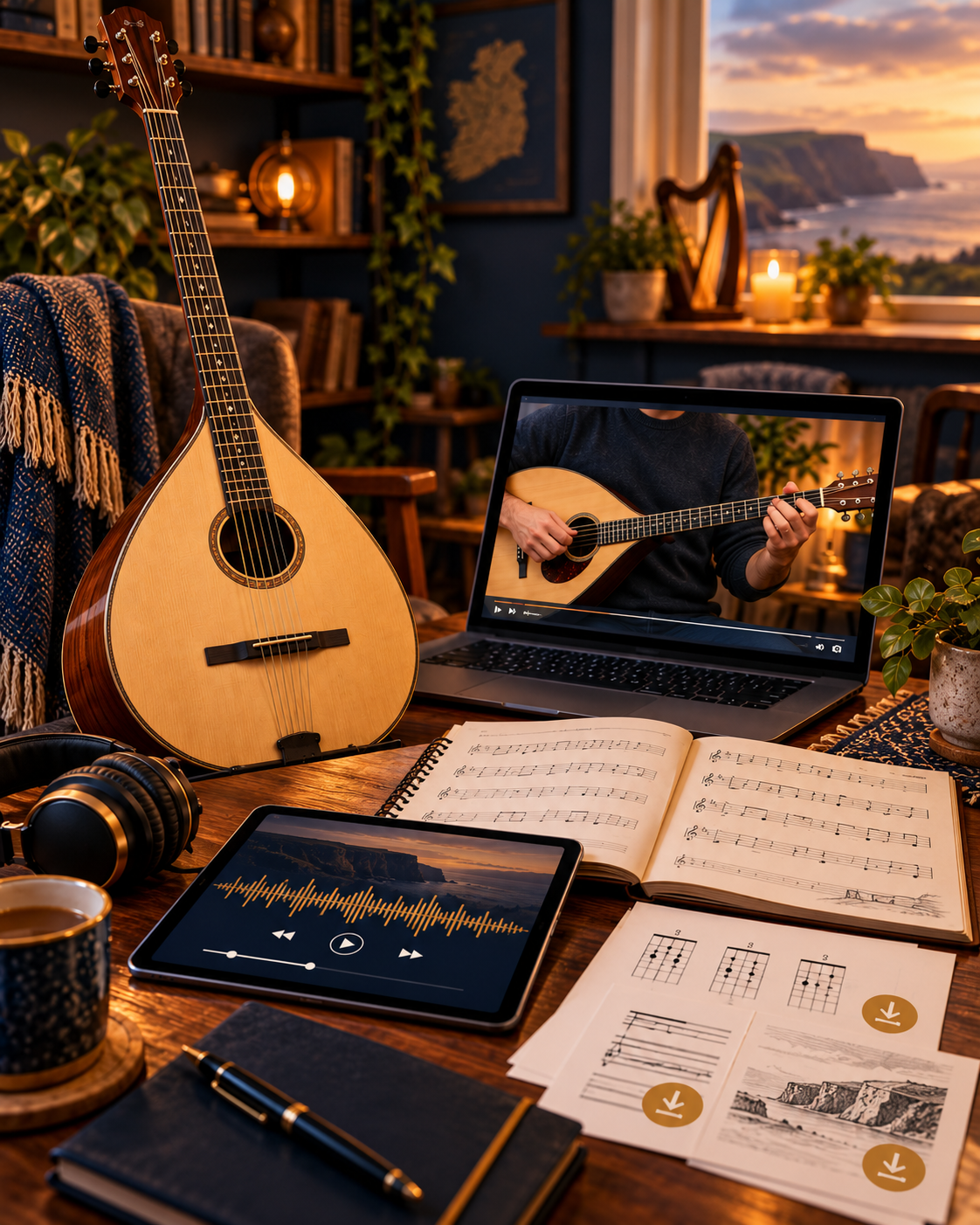 Irish bouzouki course resources shown in a warm study setting, including an Irish bouzouki, online video lesson, sheet music, chord charts, audio practice tools and downloadable learning materials.