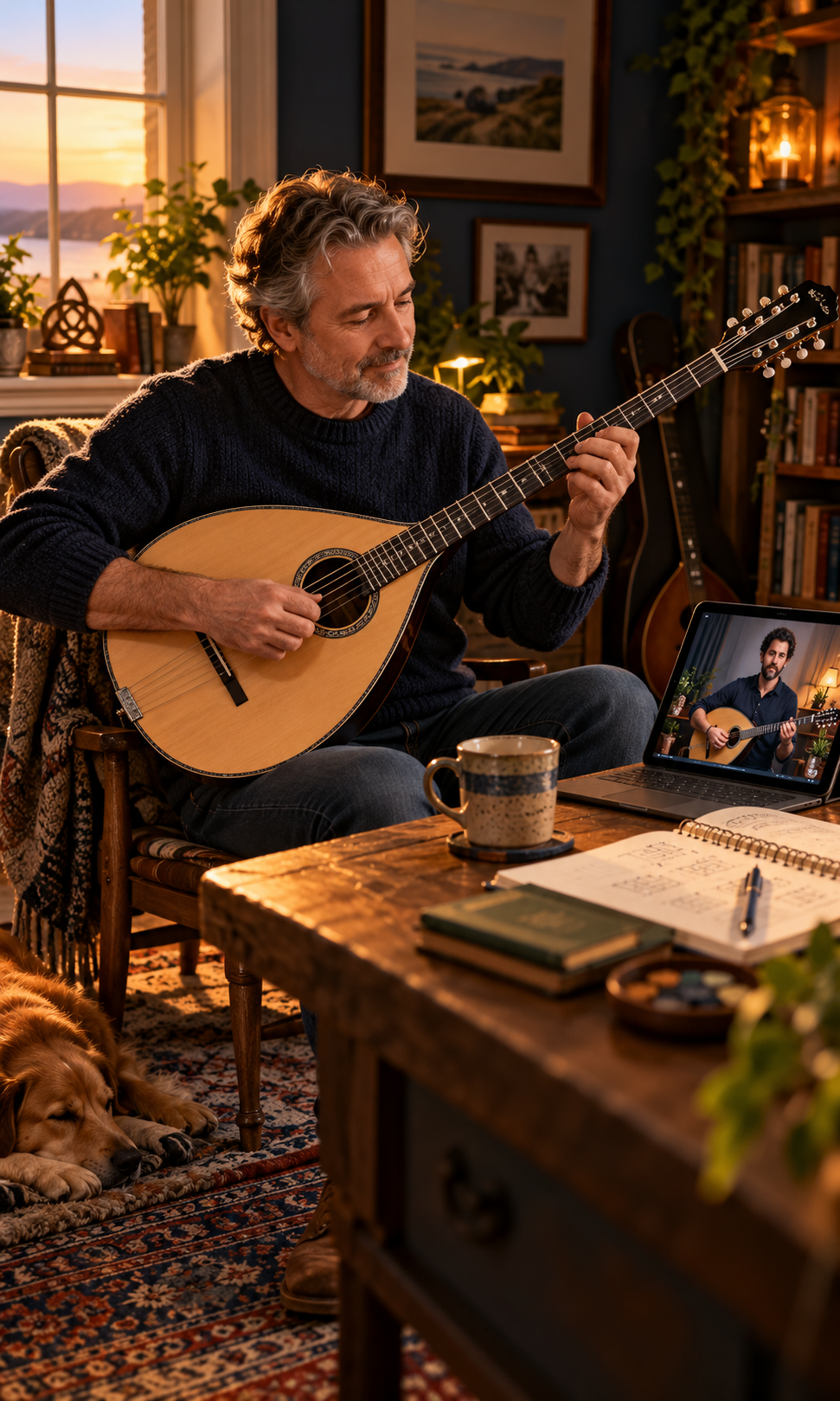 Older man playing an Irish bouzouki in a warm cosy room with firelight and a sunset view, representing relaxed and enjoyable Irish bouzouki learning.