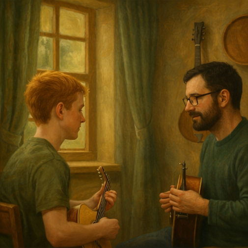 Irish bouzouki teacher giving instruction to a student during a live online class