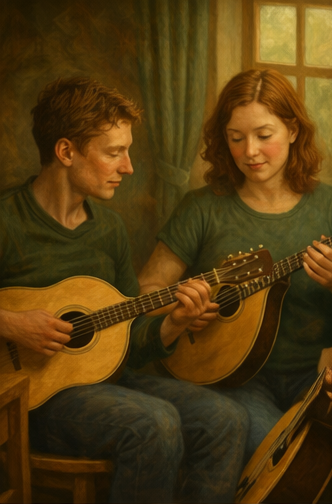 Students playing Irish bouzouki side by side during a live online learning session