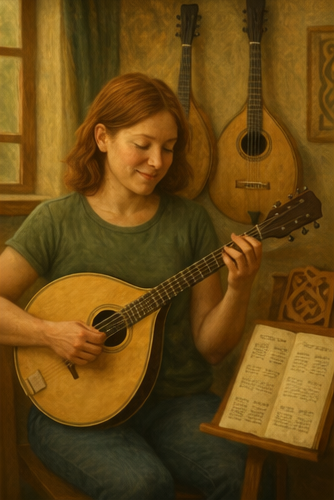 Student practising Irish bouzouki technique as part of a structured live class
