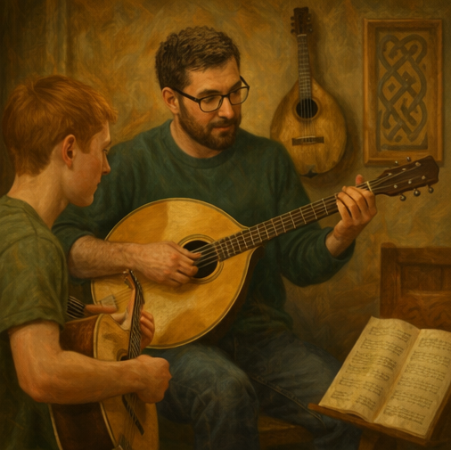 Teacher and student focusing on Irish bouzouki accompaniment during a live online class