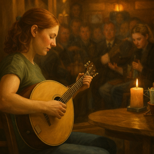 Irish bouzouki player applying techniques learned in live classes within a traditional music setting