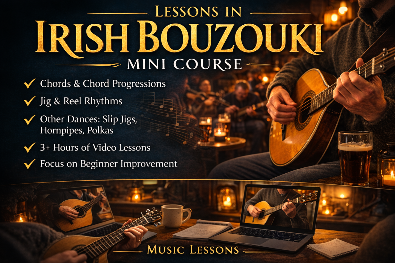 Online Irish bouzouki mini course teaching chords, jig and reel rhythms with bouzouki session playing in an Irish pub