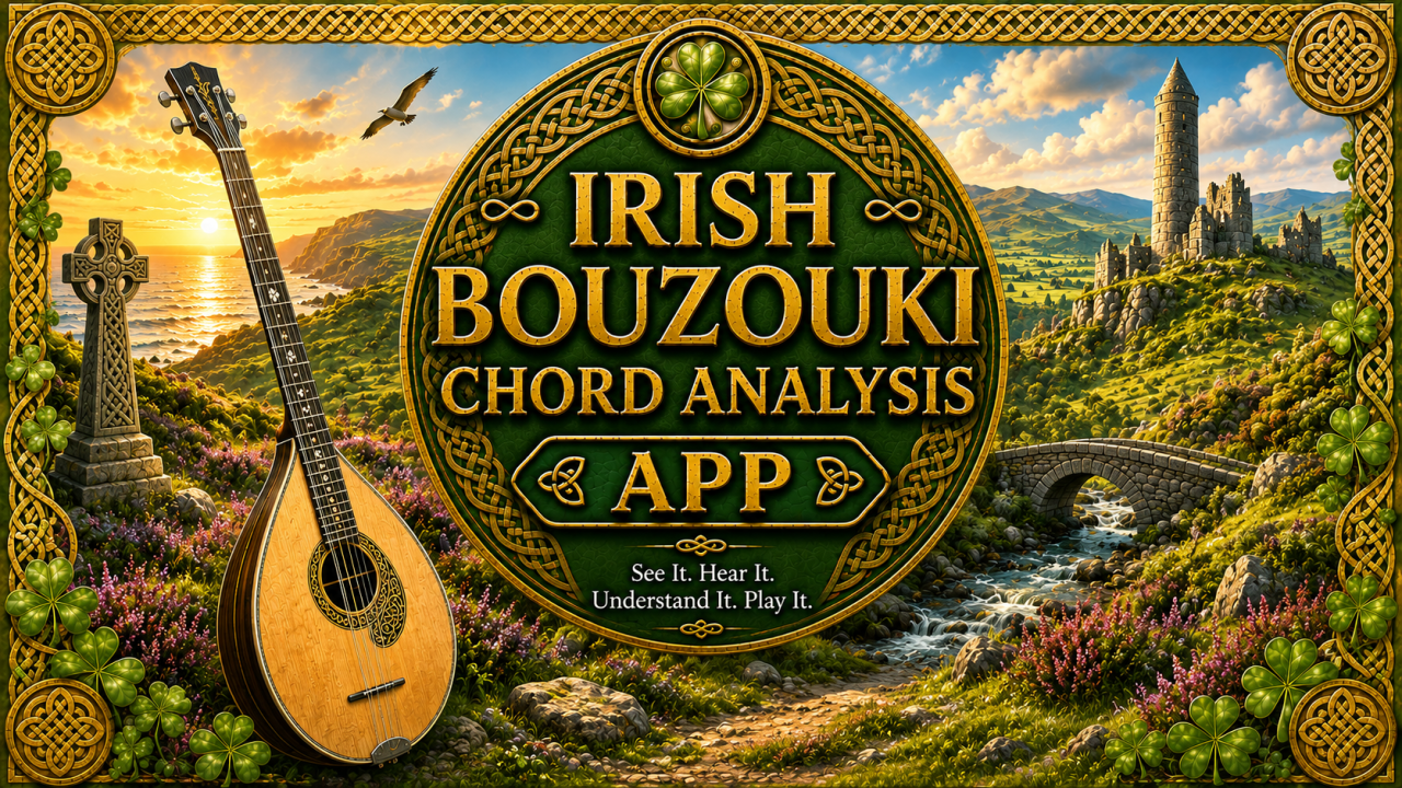 Irish bouzouki chord analysis app for exploring chord shapes, notes, intervals, tunings and accompaniment patterns