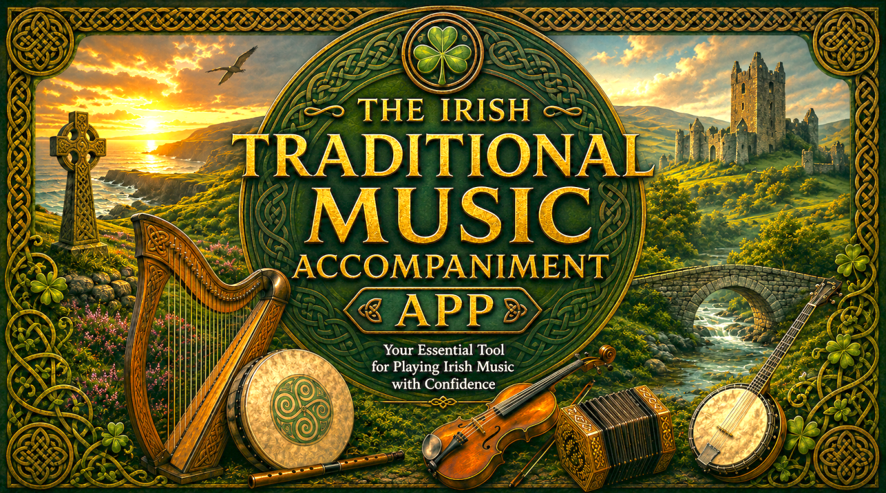 Irish traditional music accompaniment app featuring bouzouki, guitar, fiddle, bodhrán, harp, flute and accordion practice tools