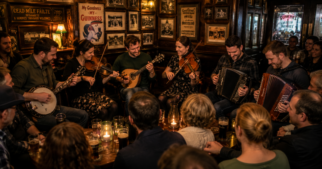 Traditional Irish Music Session in a Friendly Irish Pub Six Irish traditional musicians performing in a lively pub session with two fiddles, Irish bouzouki, Irish banjo and two accordions, surrounded by smiling listeners in a warm and welcoming Celtic pub atmosphere.