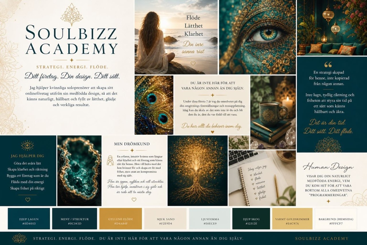 Visuell Brand Board exempel i guld och mörk teal från FlowBranding