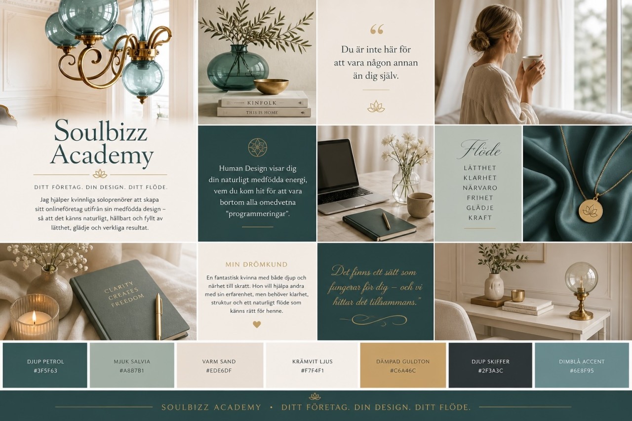 Visuell Brand Board exempel i guld och ljus teal från FlowBranding