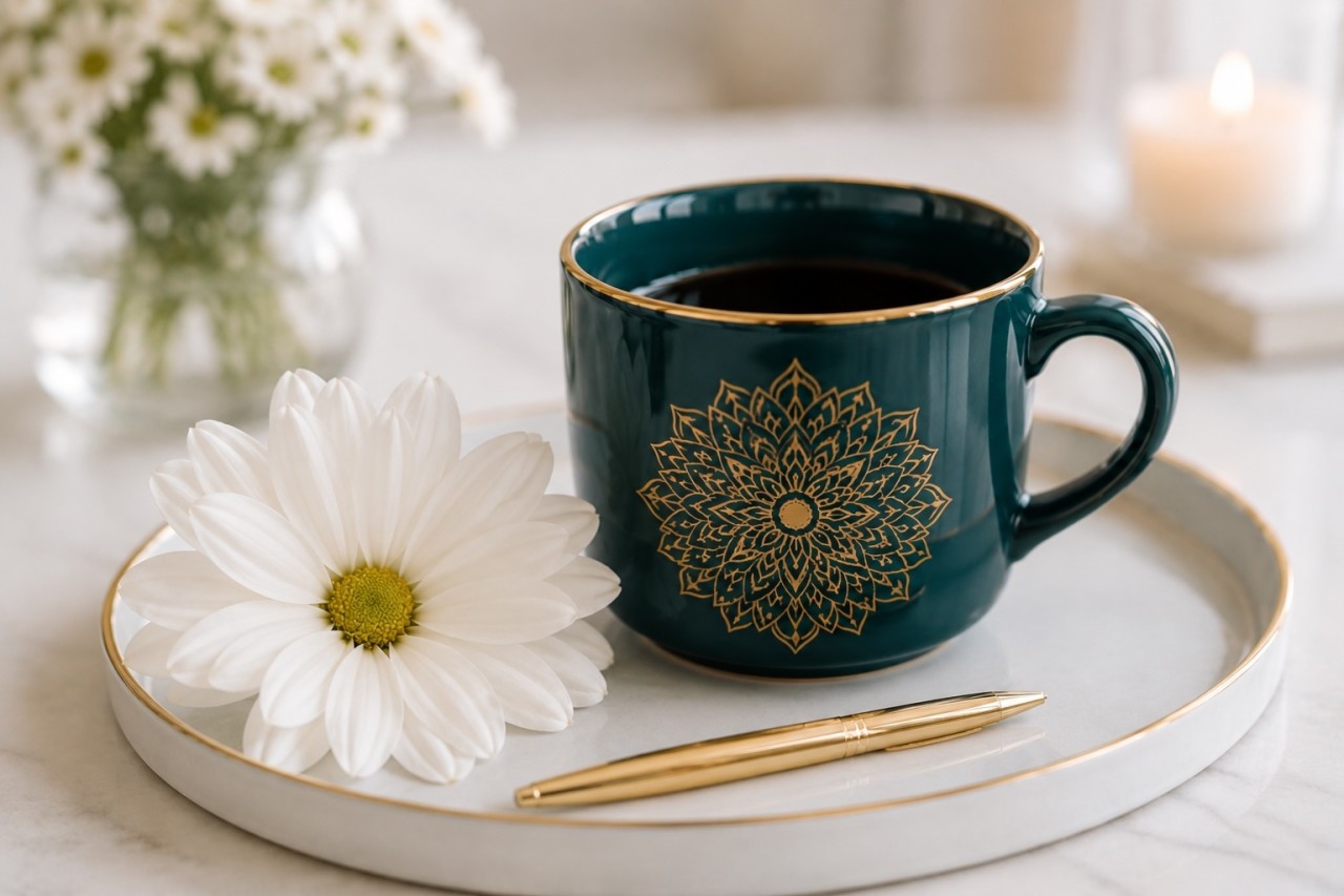 Stämingsfull bild med kaffekopp och blomma - skapad med FlowCreator AI