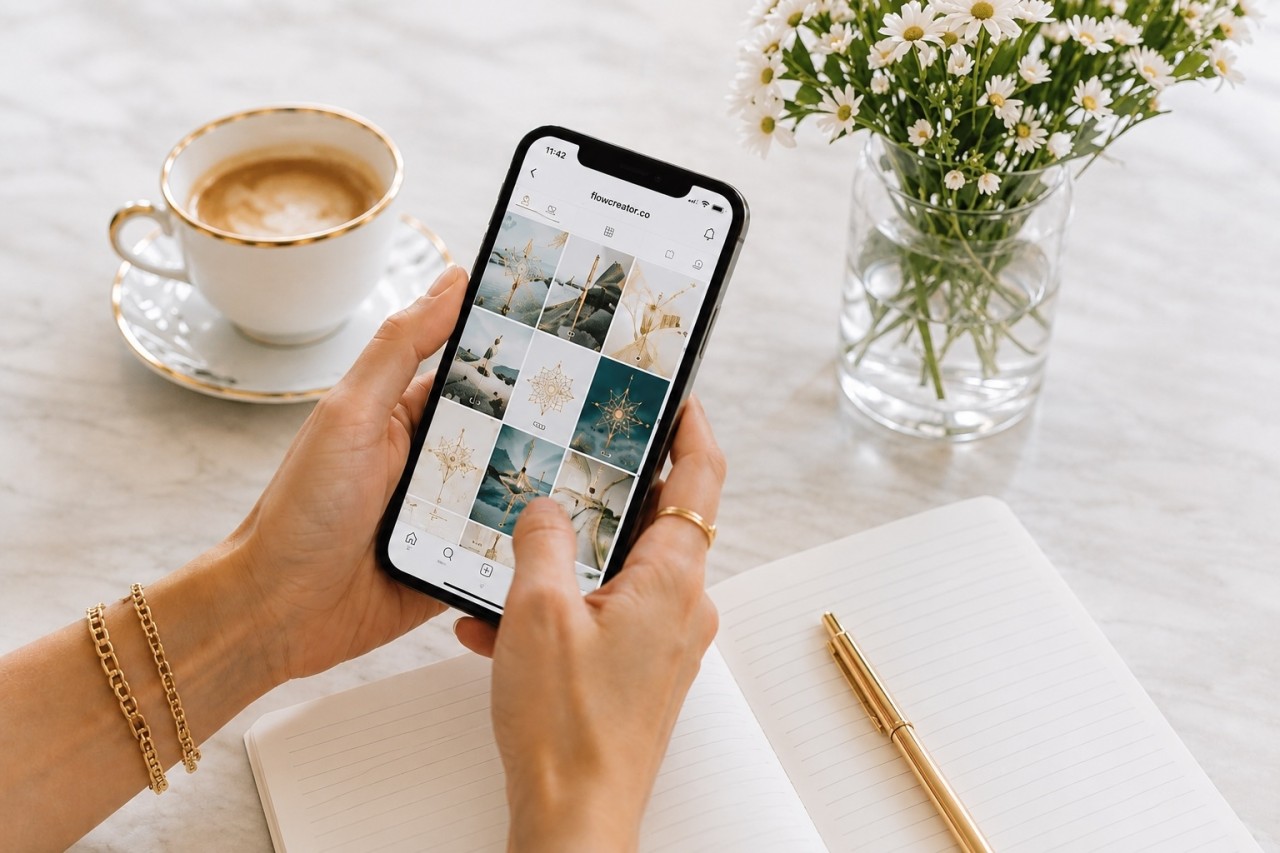 Instagram-feed i feminin branding på mobil – sociala medier bilder skapade med FlowCreator AI