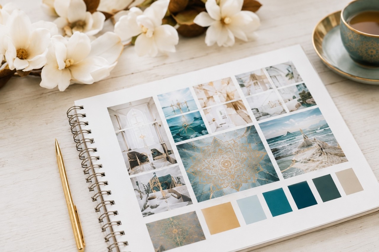 Brand Board med moodboard i teal och guld bredvid jasminblommor – branding inspiration från FlowCreator