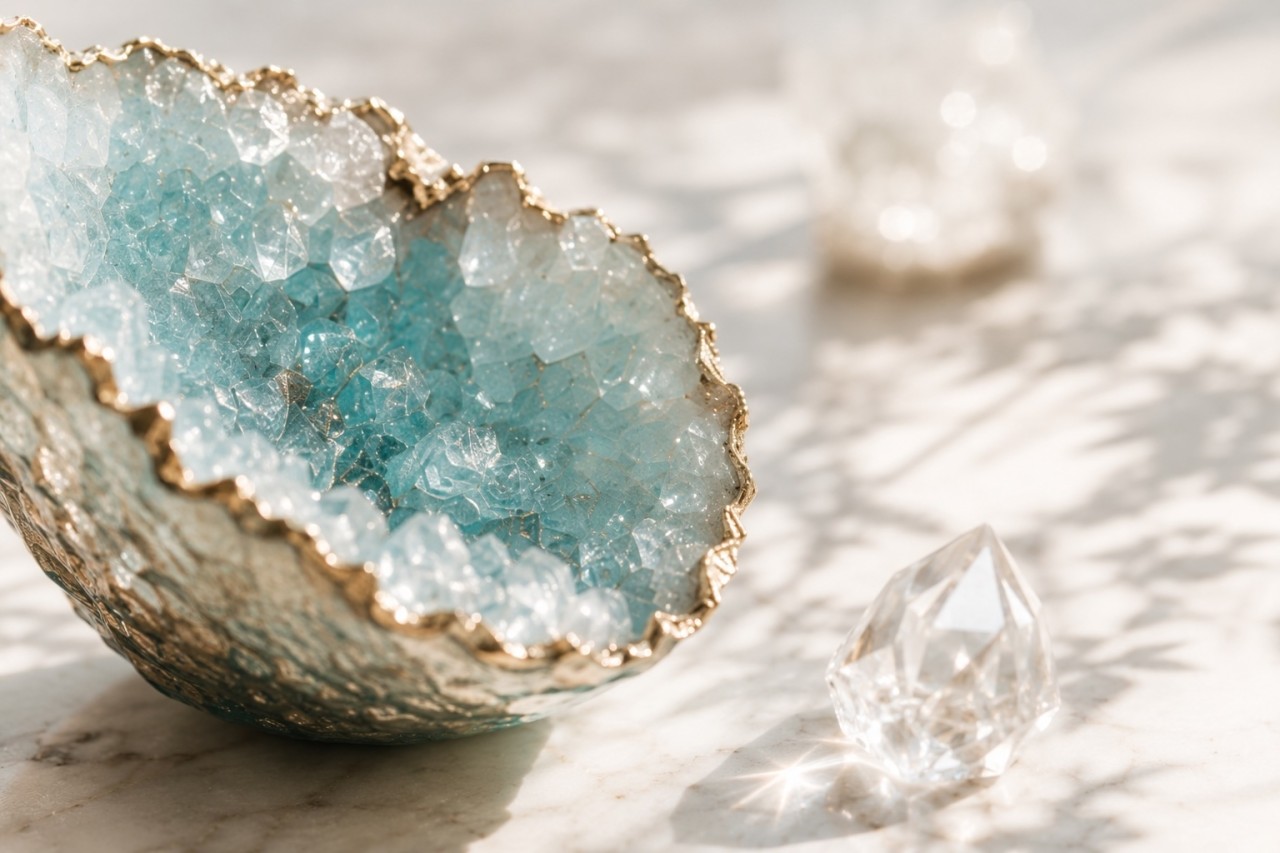 Akvamarin geode-skål med kristall i solljus – stämningsbild i teal och guld för FlowCreator