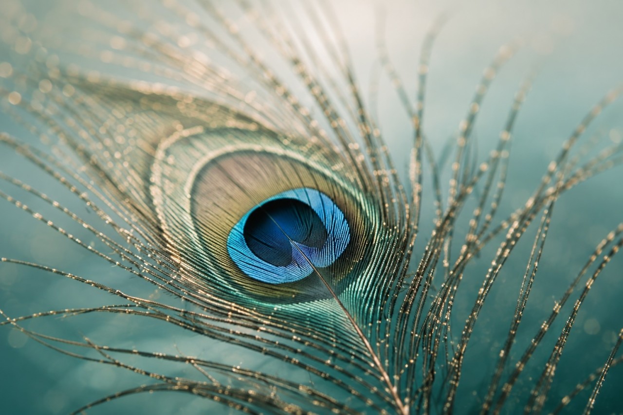 Närbild på påfågelfjäder i teal och guld – stämningsbild för visuellt varumärke från FlowCreator