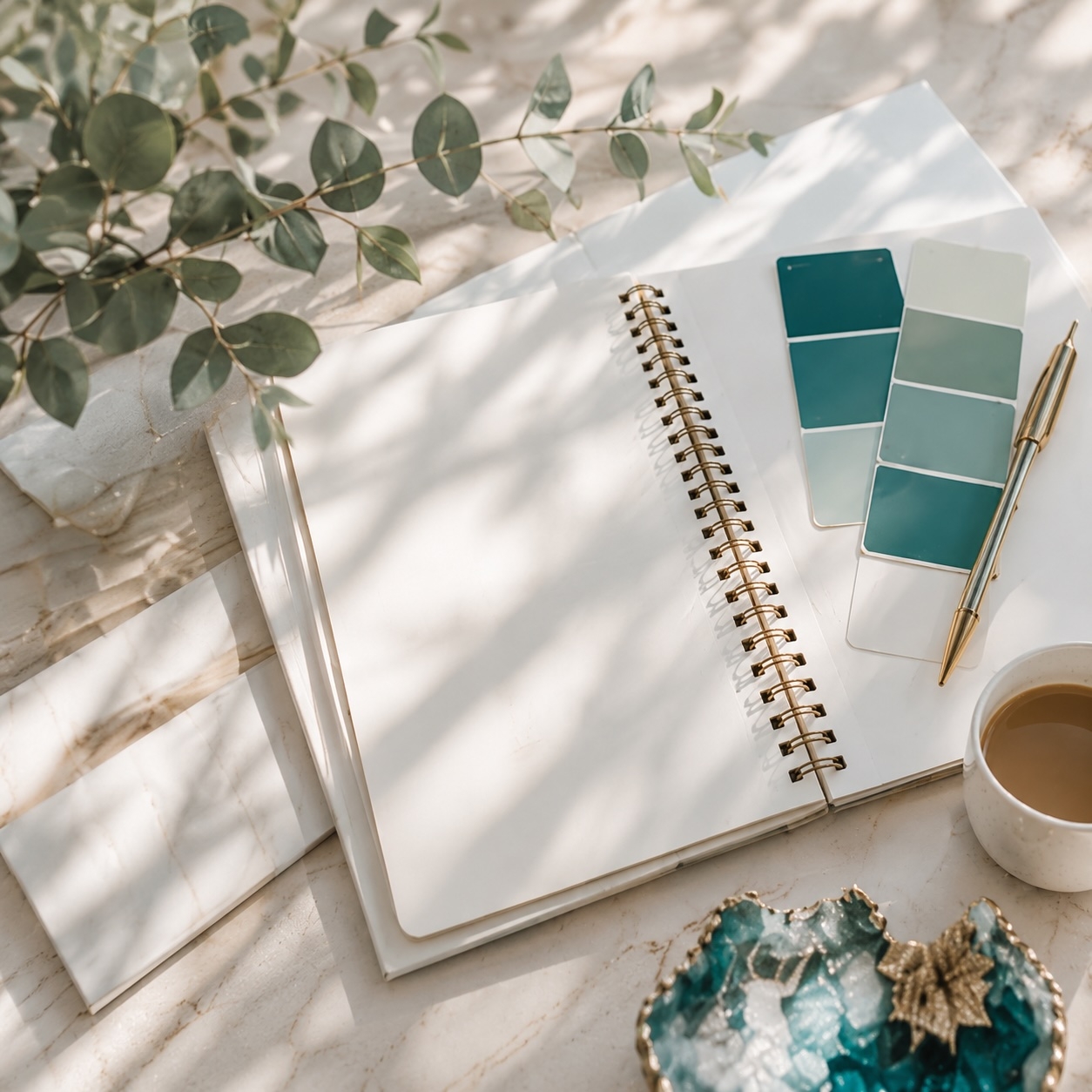 Brand Board med färgprover i teal och eukalyptus – branding inspiration för FlowCreator AI