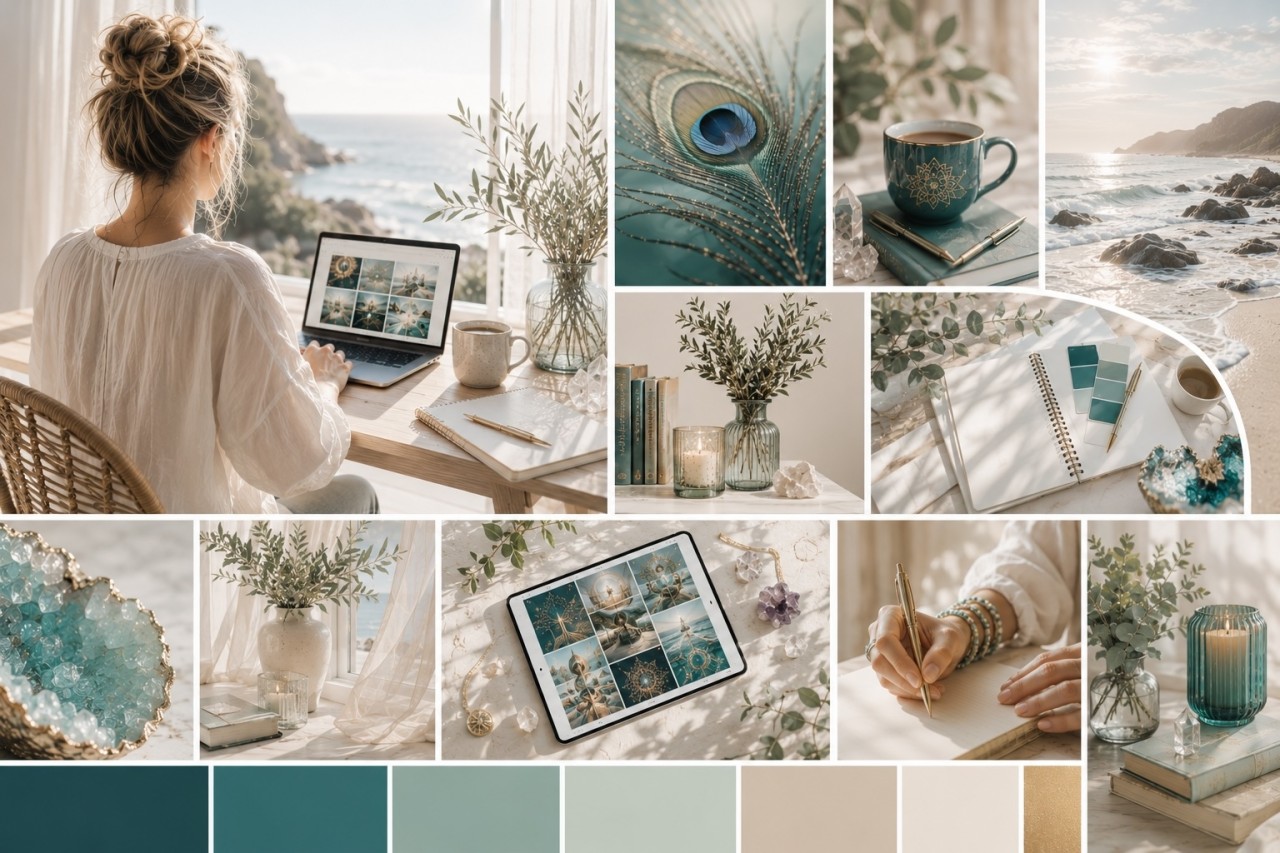 Ett bildcollage som visar olika bilder i sand till teal utifårn en Brand Board