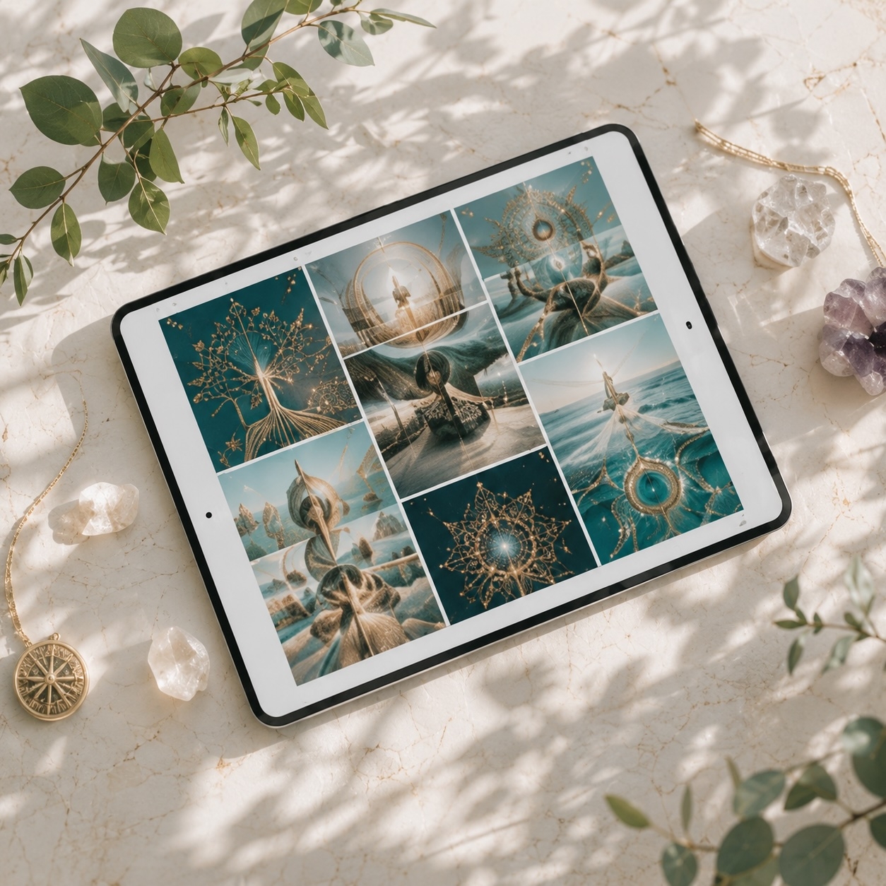 iPad med bildcollage i teal och guld från Brand Board – AI-bilder för företagskvinnor