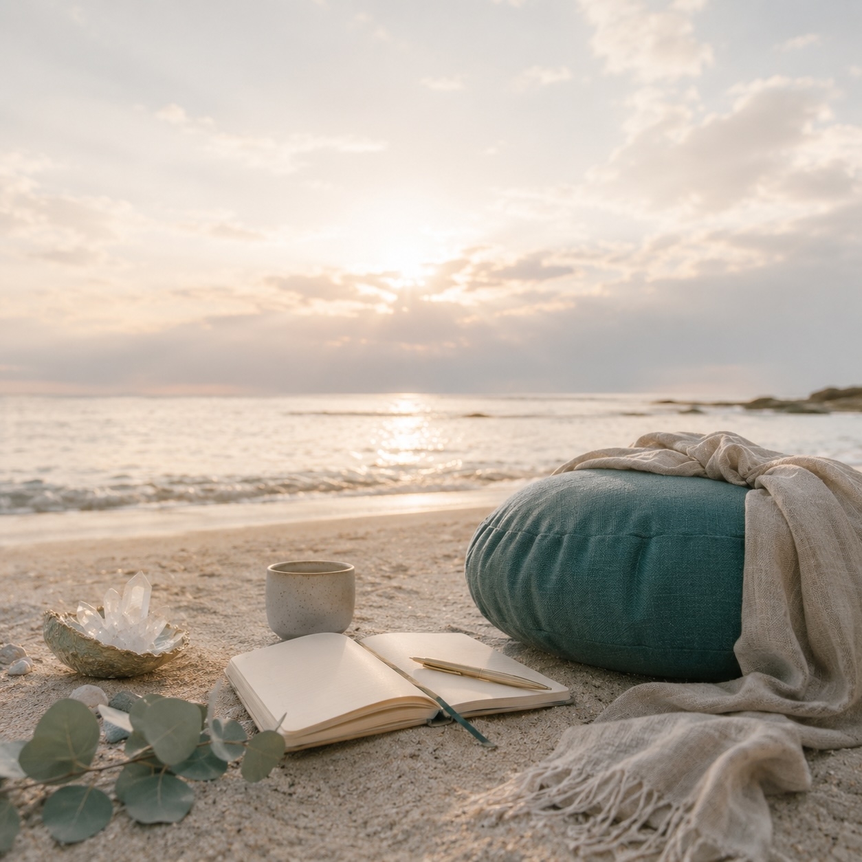 Lugn morgonbild vid havet i sandfärger – AI-bild för hemsida skapad med FlowCreator