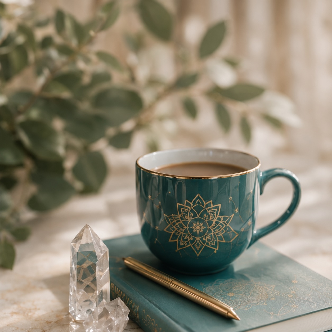 Stämningsbild i teal och guld med kaffekopp och kristall – branding bild skapad med FlowCreator AI