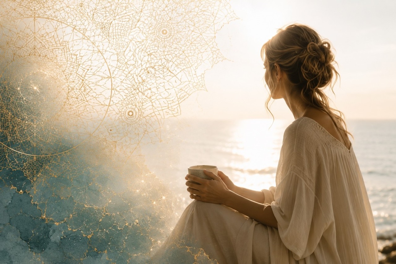 Kvinna vid havet i morgonljus med guld-overlay – AI-bild för säljsida skapad med FlowCreator