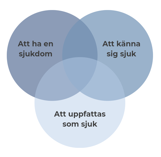 Venn-diagram med tre överlappande cirklar: “Att ha en sjukdom”, “Att känna sig sjuk” och “Att uppfattas som sjuk”. Visualiserar Hofmanns teori om sjukdomens olika dimensioner.