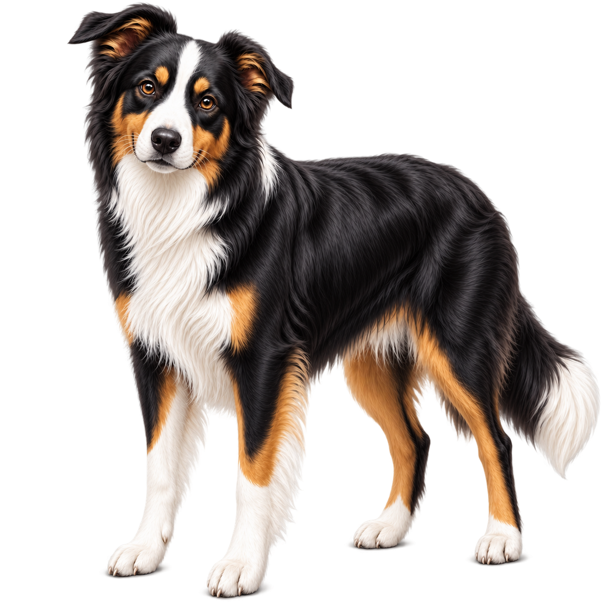 Adult Enfys, a tricolour Border Collie, standing attentively and looking warmly towards the viewer.