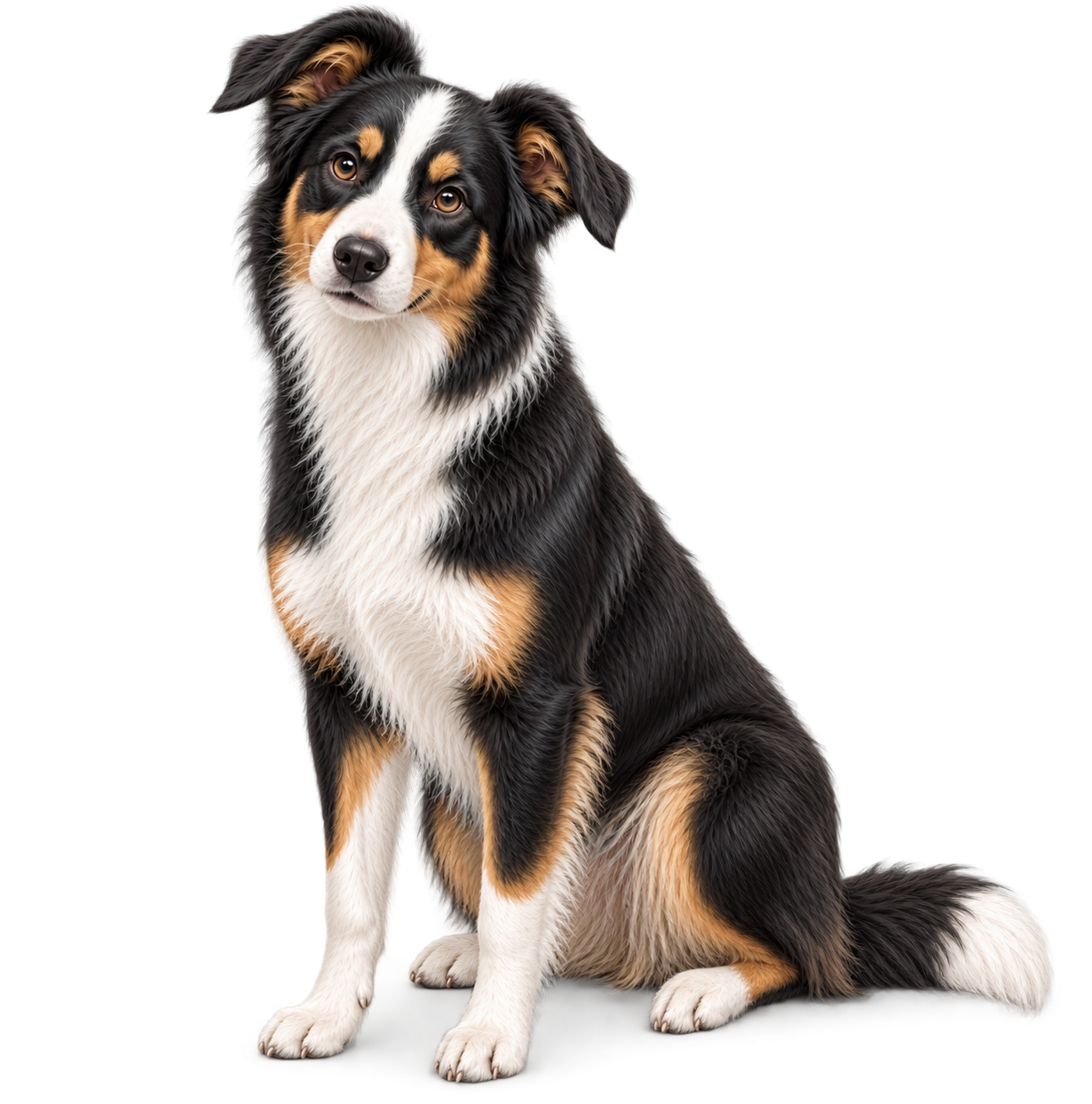 Adult Enfys, a tricolour Border Collie, sitting calmly and looking thoughtfully towards the viewer.