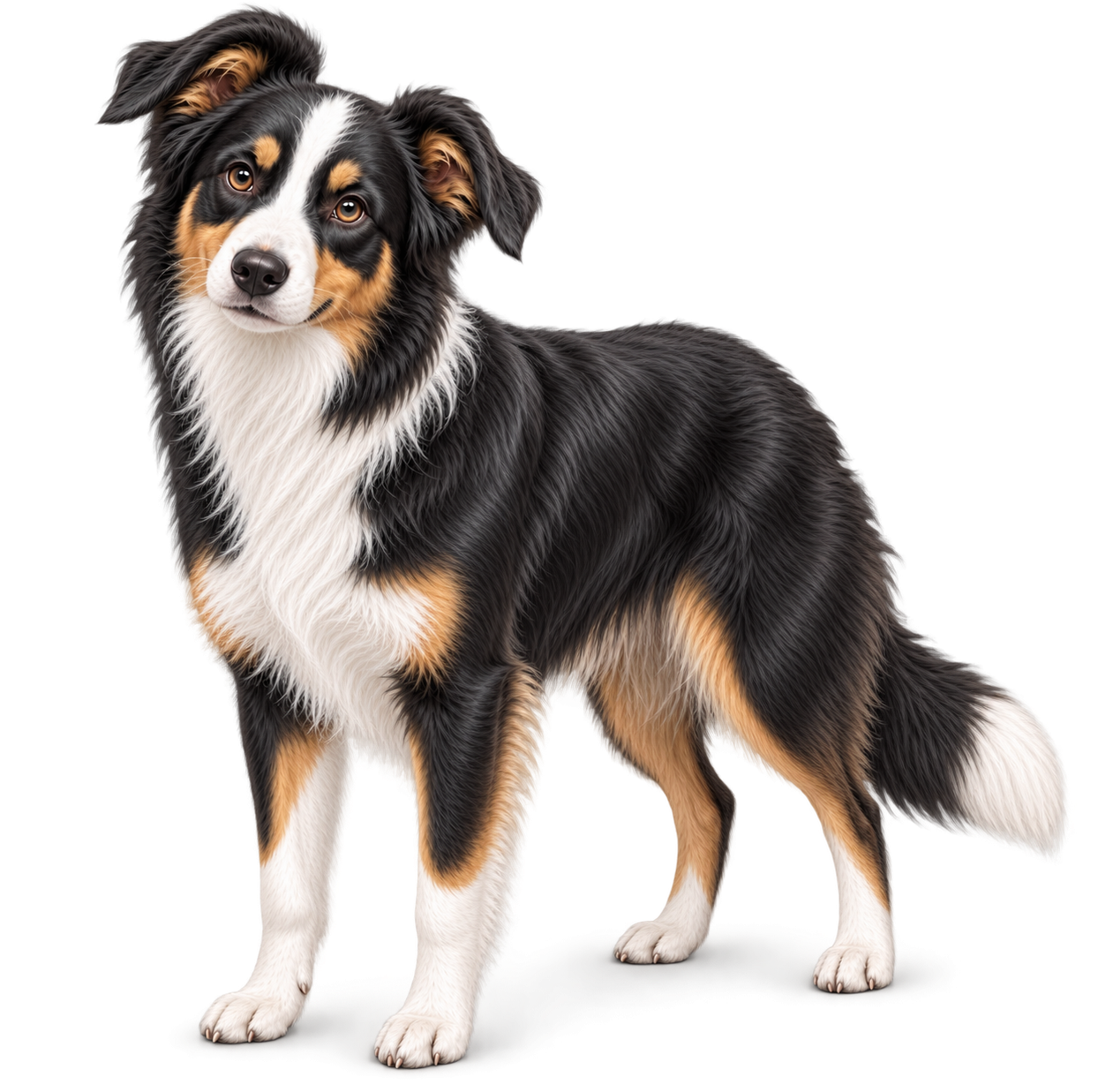 Adult Enfys, a tricolour Border Collie, standing calmly and looking reassuringly towards the viewer.