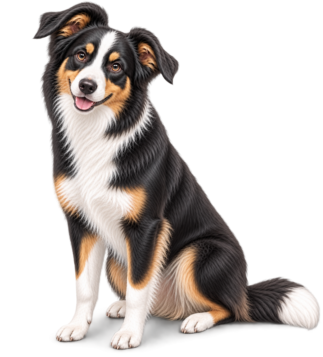 Adult Enfys, a tricolour Border Collie, sitting calmly and looking warmly towards the viewer.