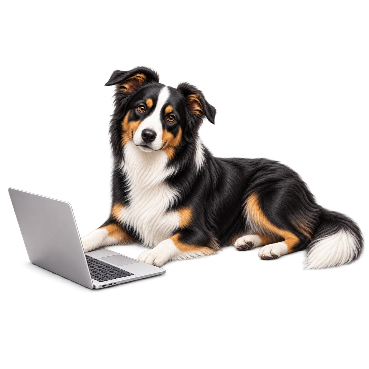 Adult Border Collie lying beside a laptop, representing On Cloud K9 online learning and support.