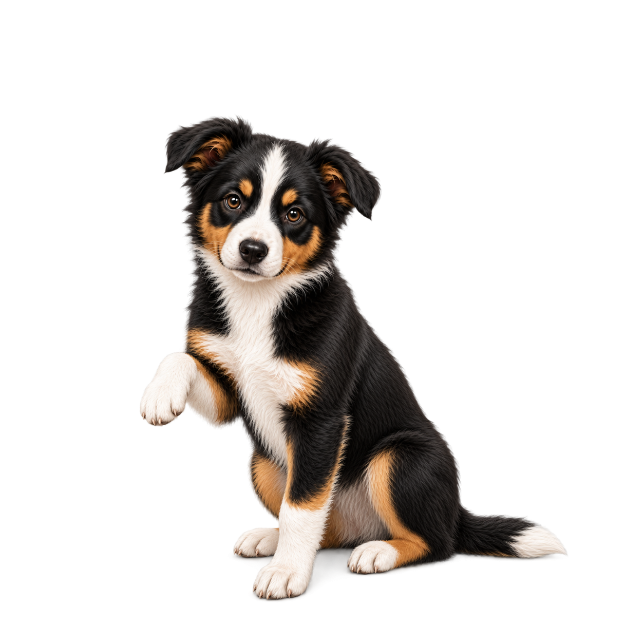 Older Border Collie puppy sitting with one forepaw raised