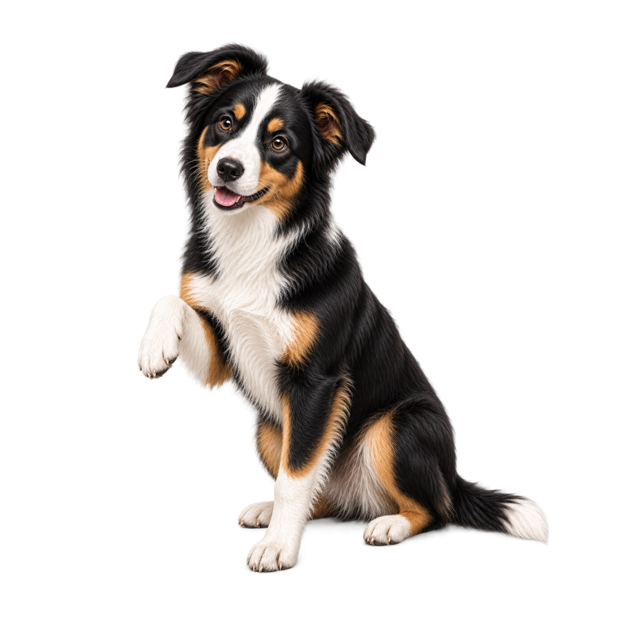 Adolescent Border Collie sitting with one forepaw raised