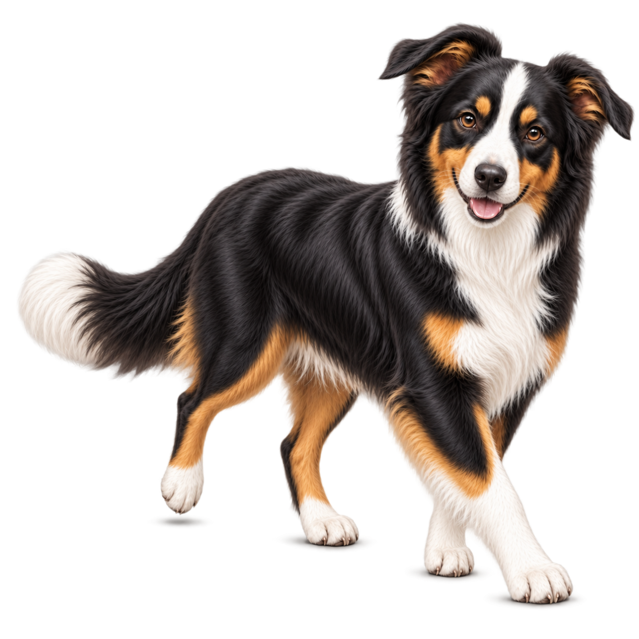Adult Border Collie walking forward with a happy, confident expression
