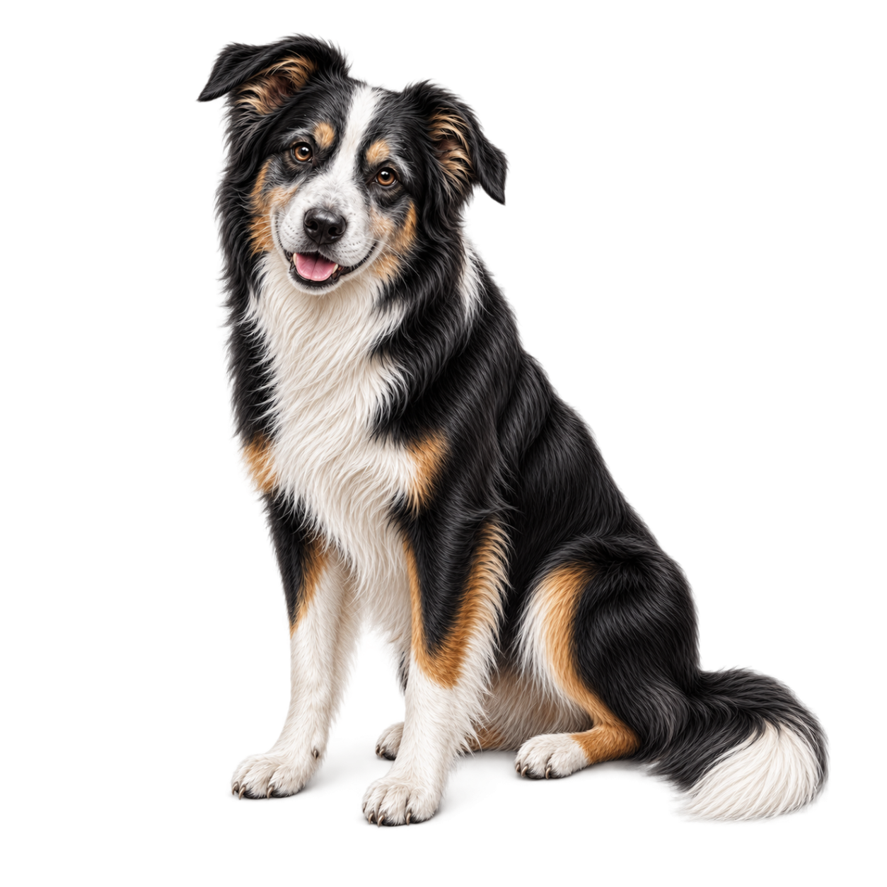 Senior Border Collie sitting with a relaxed, happy expression