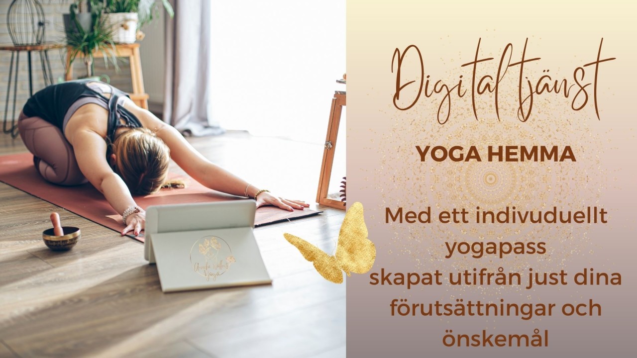 Kvinna på yogamatta framför dator