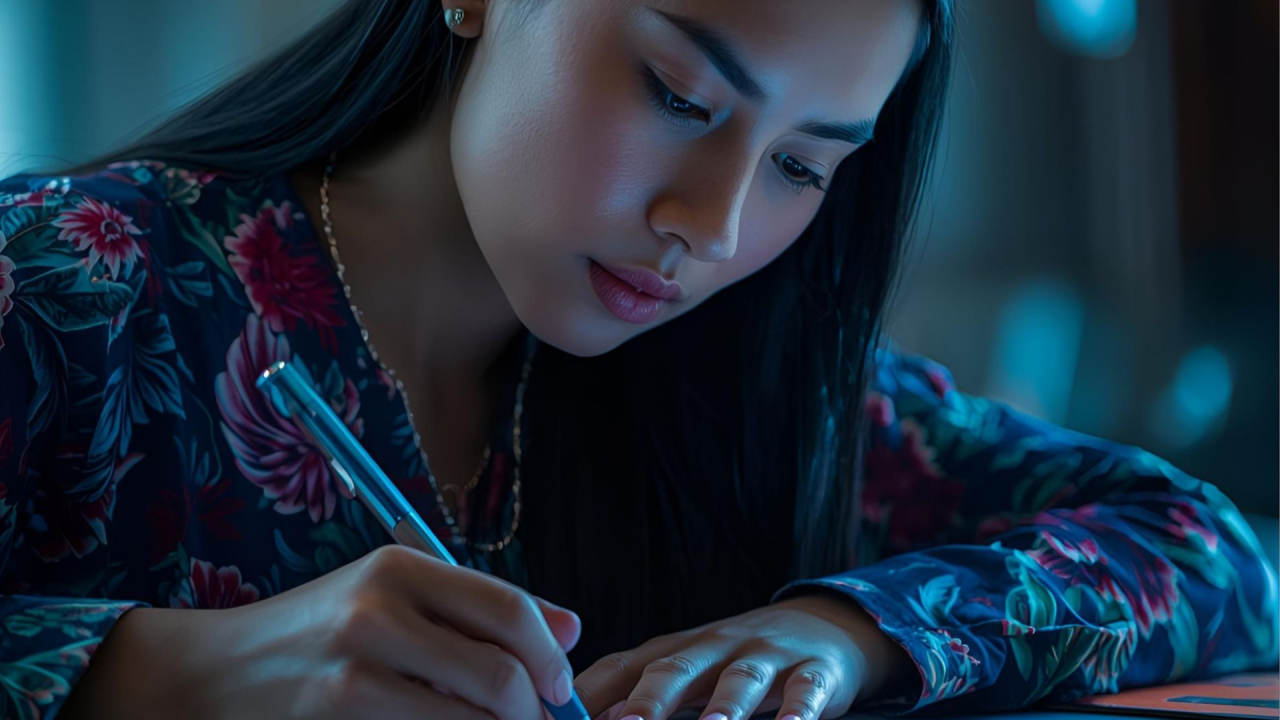 oriental woman writing with a pen