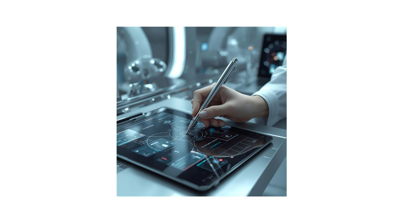 hand holding a pen and writing on an electronic tablet