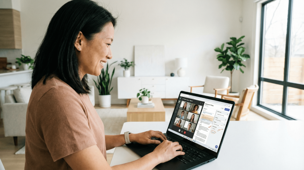 Woman working at laptop and smiling