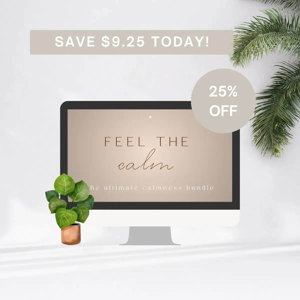 Checkout page preview for the Feel the Calm Calmness Bundle, showing a secure payment process and instant download access