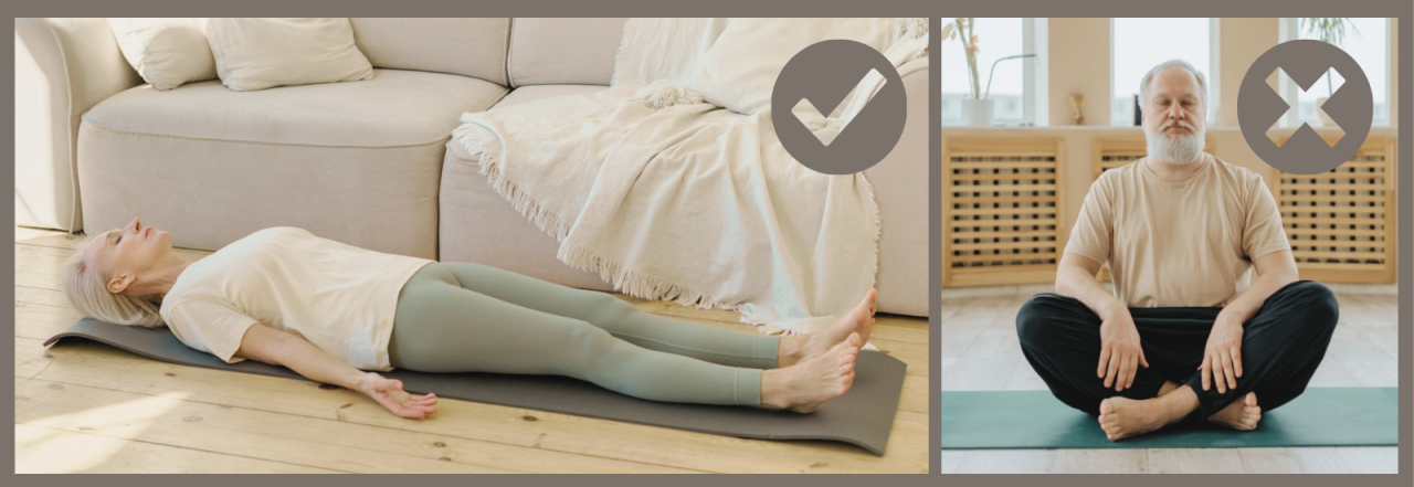 woman lying down to meditate and man doing seated meditation