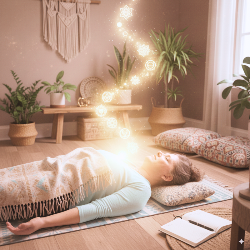 woman lying on floor under blanket with eyes closed, practicing Yoga Nidra