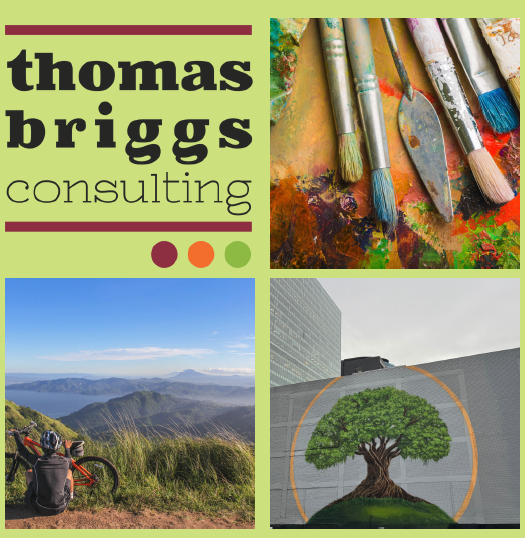 The Thomas Briggs Consulting logo with some other images from the outdoors, some children smiling and some posters on a wall saying let's be kind