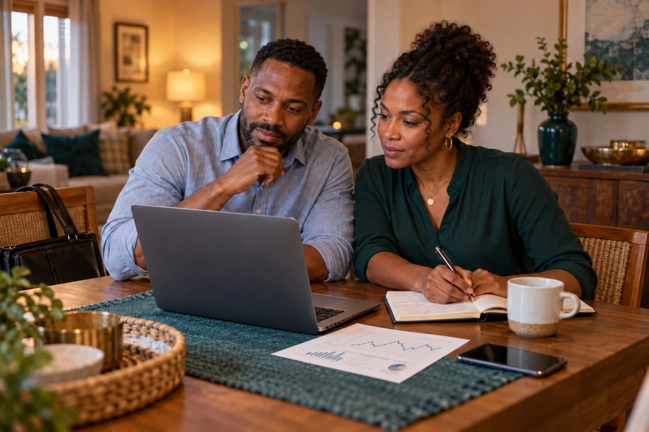 AI-generated illustration of a couple reviewing financial information at home after work