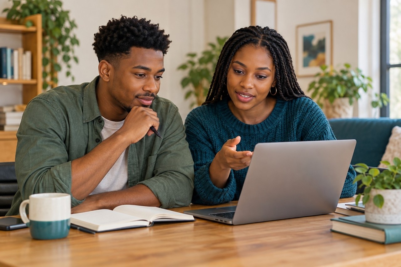 AI-generated illustration of young adults collaborating on a laptop