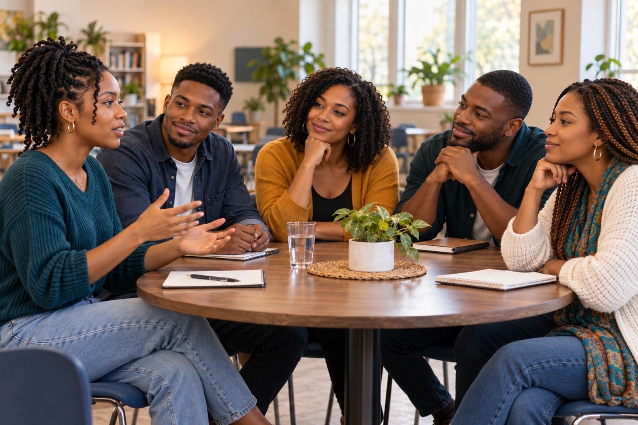 AI-generated illustration of young adults sharing a community conversation