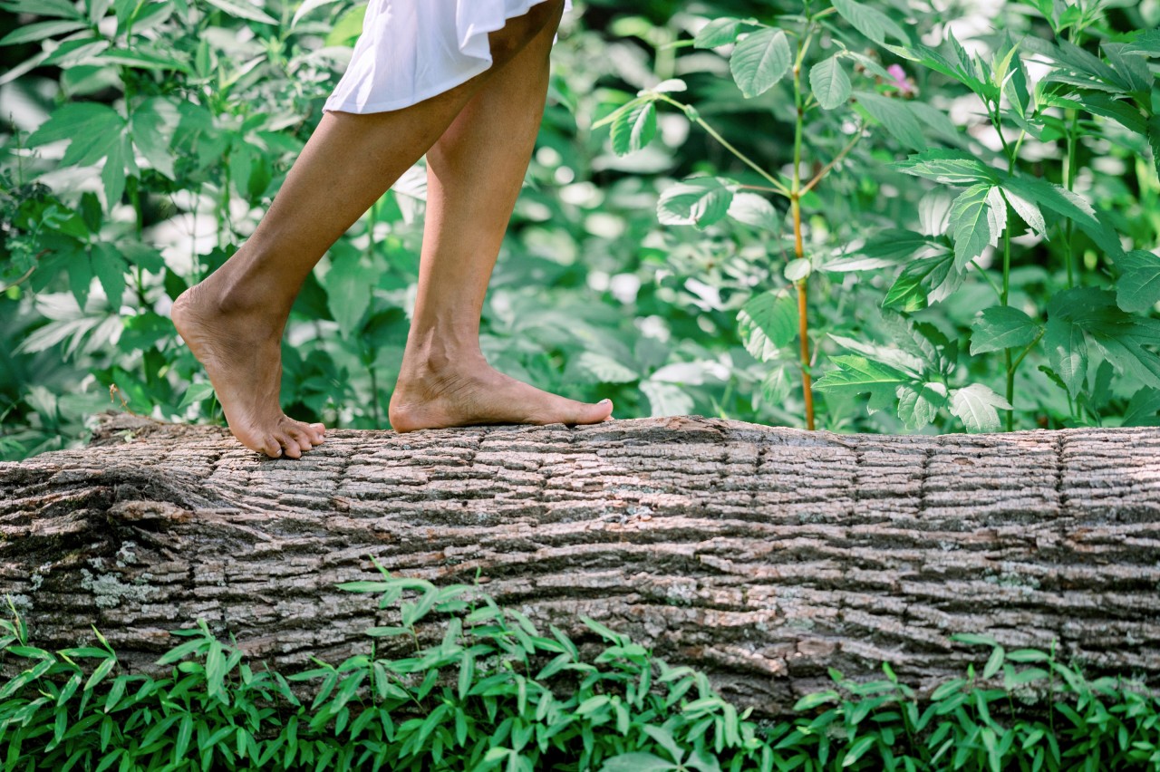 walking barefoot on a log