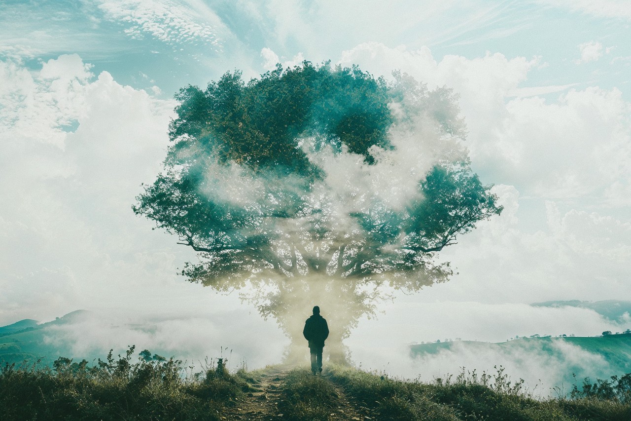 tree in mist with person standing in front of it