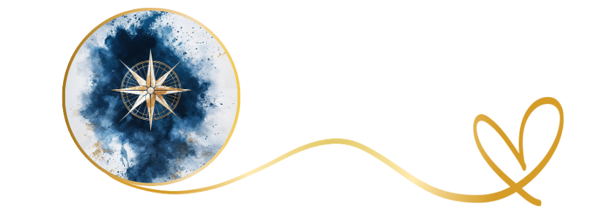 compass in blue background with gold heart 